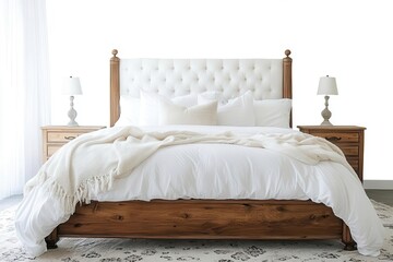 luxurious hotel-style bedroom featuring crisp white organic cotton bedding, plush pillows, and elegant draping creating an inviting sanctuary