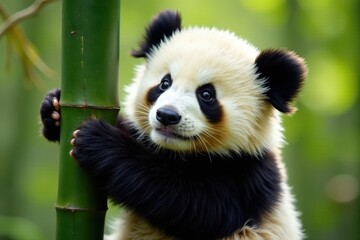 Fluffy panda cub clinging to a bamboo tree branch , fauna, nature photography, animal photography