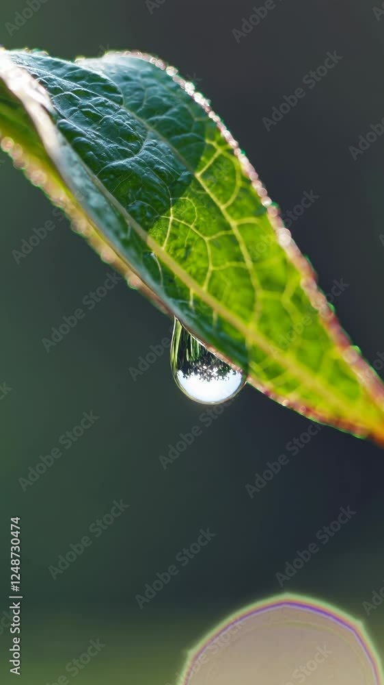 Poster close-up video of a dewdrop on a leaf with a blurred background. macro angle captures intricate deta