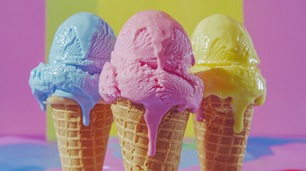Colorful ice cream scoops melting in a cone create a playful summer vibe with vibrant colors and a cinematic touch