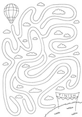 Air balloon maze graphic black white sketch vertical illustration vector 