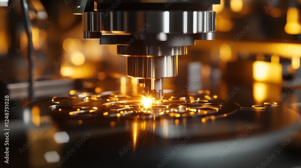 Poster close up of a high tech laser cutting machine in action, precisely shaping metal components. the bri