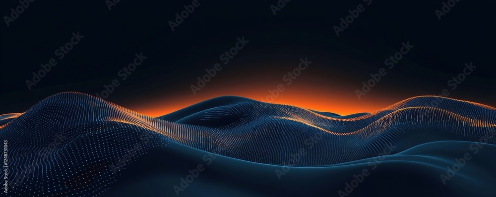 Poster abstract data visualization: dynamic particle waves flowing across a digital landscape at sunset, sh