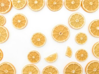 Obraz premium Sliced mandarin segments arranged neatly on a white background with copy space, vitamin C, citrus