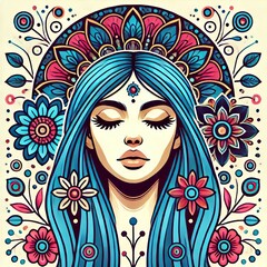 The image showcases a vibrant illustration of a woman's face surrounded by intricate floral and circular patterns
