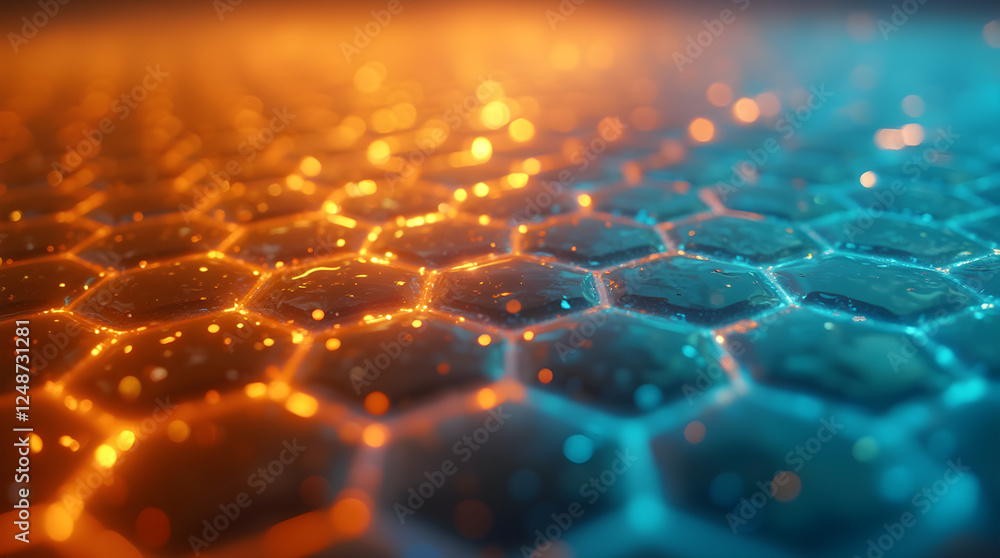 Poster abstract graphene structure: orange and blue hexagonal pattern with glowing particles, nanotechnolog