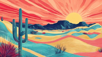 Bold Graphic Design Featuring Cactus Landscape in Vibrant Colors and Lines Illustrating Desert Sunset Scenery