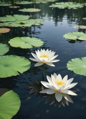 Serene white lotus blossom in clear pond water, peaceful scene, tranquility
