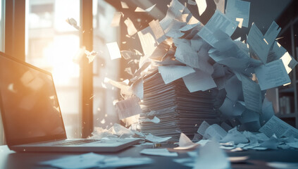 A large stack of papers unexpectedly tumbles, sending documents flying around an office filled with warm afternoon sunlight and a laptop