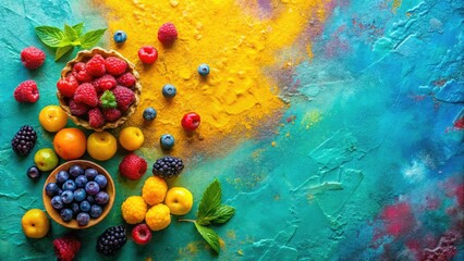 Turquoise, purple, and yellow create a vibrant, abstract gradient backdrop for food photography.