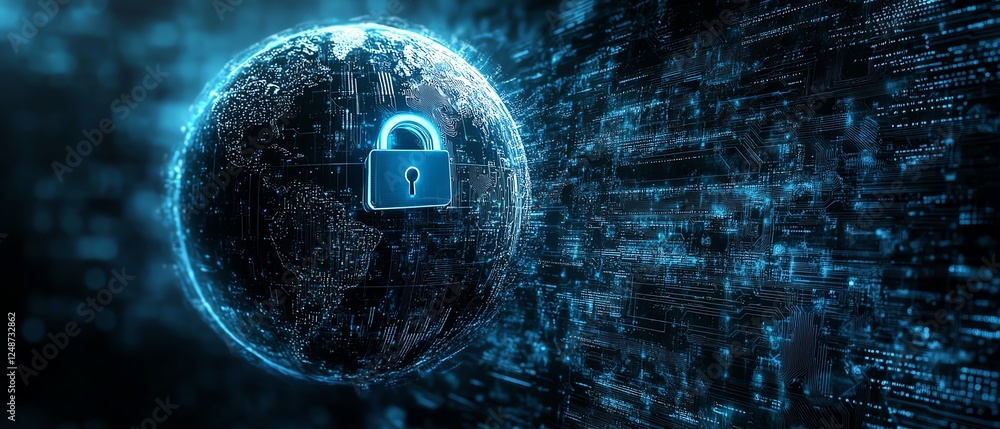 Poster cybersecuritythemed globe with a luminous padlock and intricate circuit board patterns, dark digital