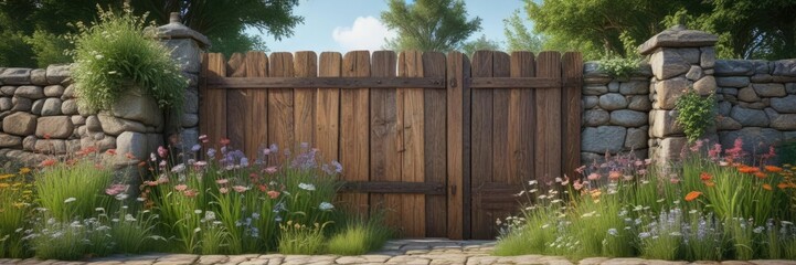 Fototapeta premium Rustic stone wall with wildflowers and grasses in front of a wooden gate , landscape, grasses