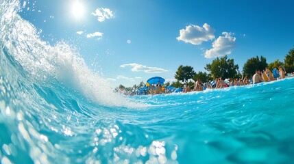 Water park wave pool with people enjoying the splash, bright blue water, fun summer vacation vibes, highenergy and dynamic composition