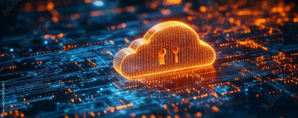 Poster futuristic cloud storage concept, illuminated padlock, network security symbols, glowing binary code