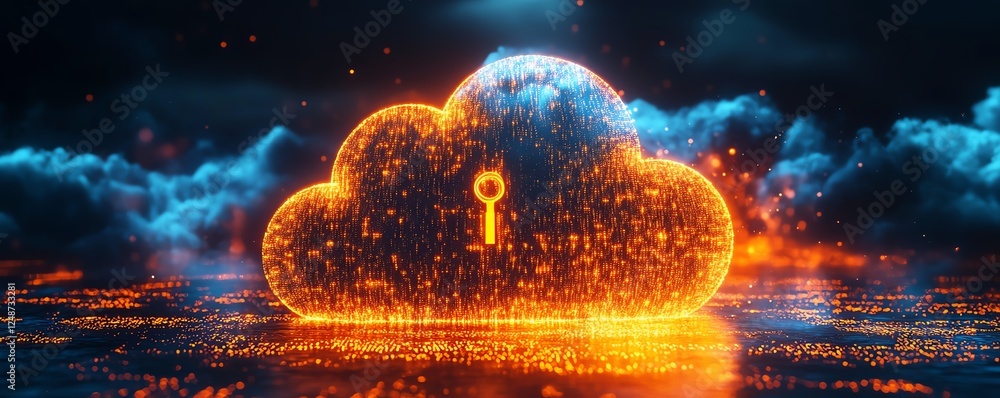 Aufkleber futuristic cloud storage concept, illuminated padlock, network security symbols, glowing binary code