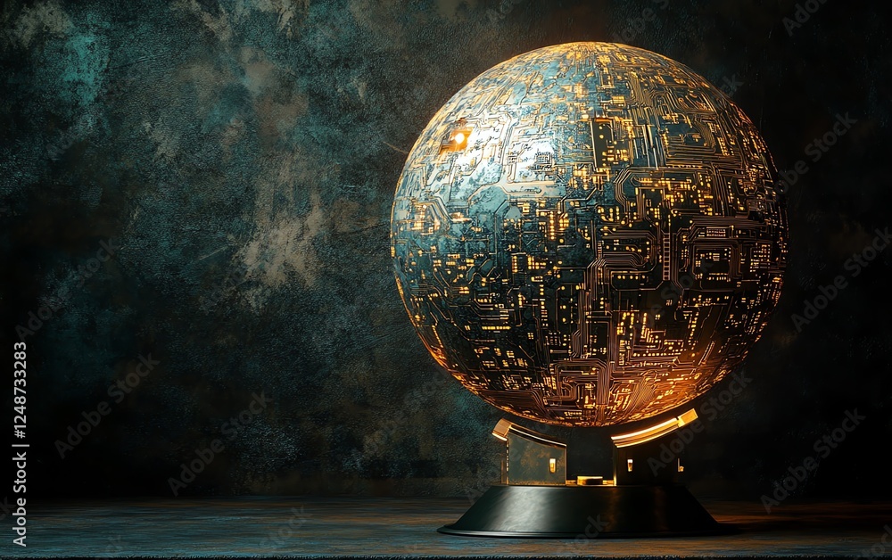 Poster futuristic globe with illuminated padlock, intricate circuit board patterns, and dark background, gl