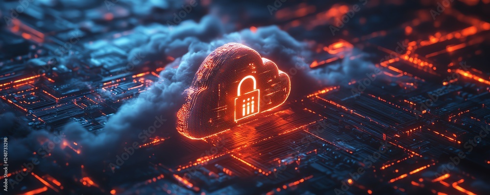 Poster futuristic cloud storage concept, illuminated padlock, network security symbols, glowing binary code