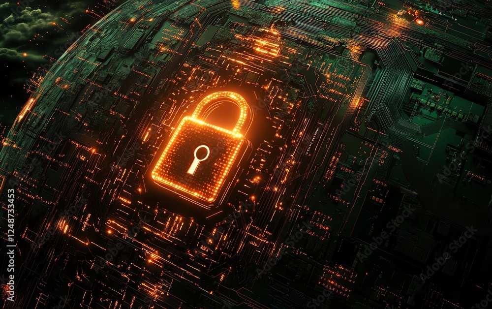 Aufkleber global cybersecurity concept with a glowing padlock on a digital globe, surrounded by circuit board 