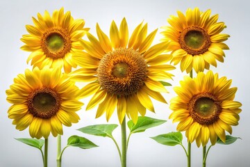 Obraz premium Vibrant sunflowers, close-up, dominate a white background in this summer still life.