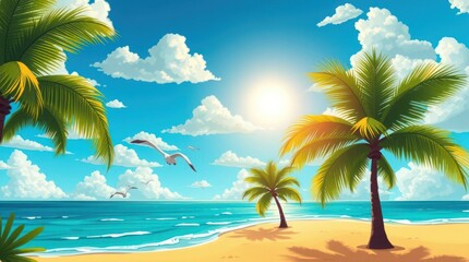 Obraz premium Idyllic Tropical Beach Scene With Palm Trees And Seagulls