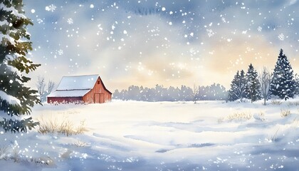 Watercolor painting depicts a snowy landscape with a red barn