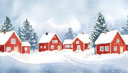 Fototapeta premium Watercolor painting shows red houses amidst a snowy winter landscape