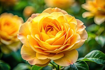 Vibrant yellow tea rose in macro detail, showcasing its bloom and delicate petals in a garden setting.