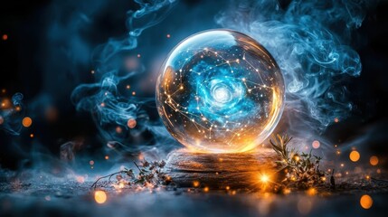 Crystal ball, mystic energy, future prediction, dark background, fantasy