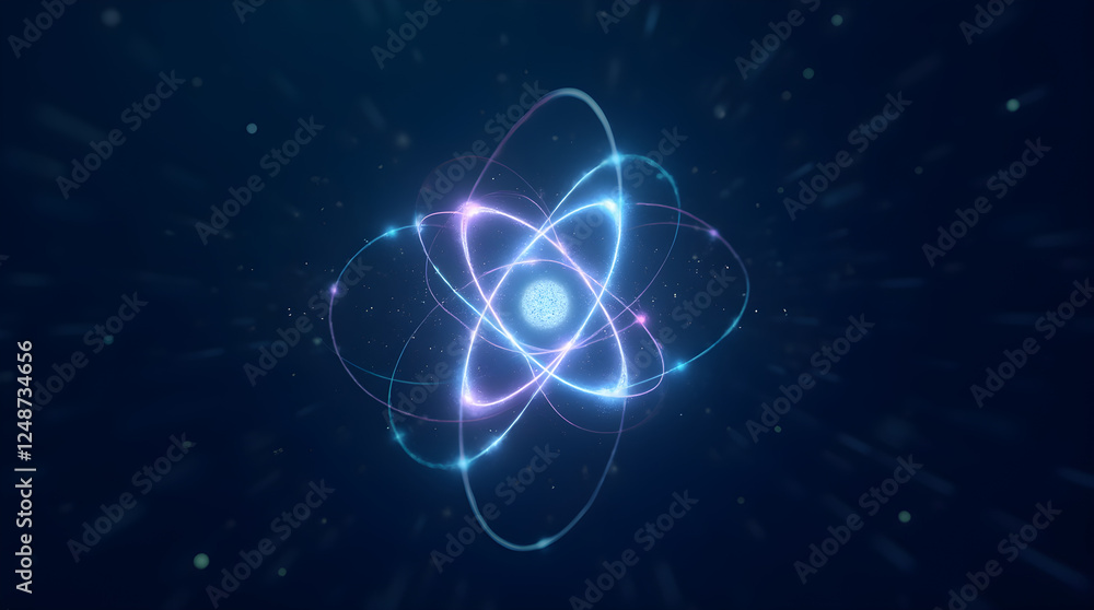 Poster atom model illustration: 3d render of atomic structure with orbiting electrons on dark blue backgrou