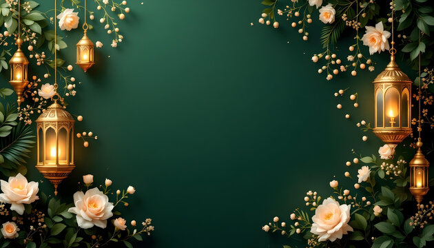 A beautifully designed Ramadan Kareem invitation card with a dark green background, glowing golden lanterns, and symmetrical floral motifs. The central blank space allows for inserting quotes, prayers