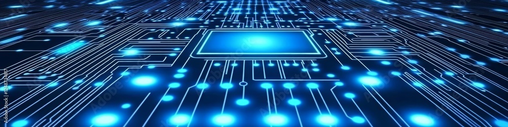 Poster futuristic circuit board with glowing lines and dots, representing digital technology and big data