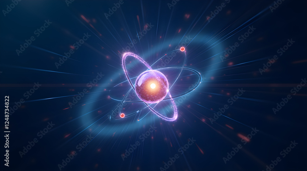 Poster atom model illustration: 3d rendering of atomic structure with orbiting electrons - science & physic
