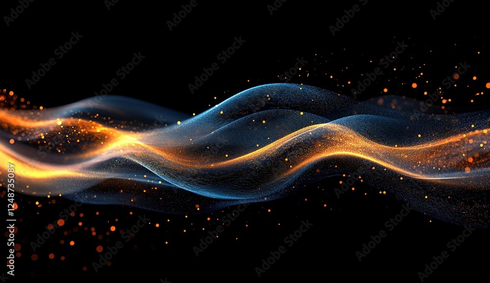 Poster abstract blue and gold particle waves flowing dynamically in dark space, creating a mesmerizing visu