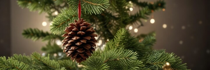 Fototapeta premium Pine cone on Christmas tree with subtle shadow effect , rustic charm, cozy ambiance