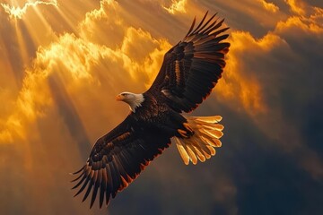 Obraz premium majestic bald eagle soaring against backdrop of american flag, dramatic sunset lighting, patriotic composition with rays of light breaking through clouds