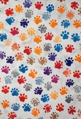 Obraz premium Pattern of colorful dog paw prints on a light grey background, paw prints, pet