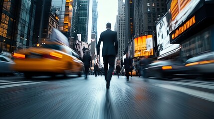 Obraz premium A bustling city sidewalk with businesspeople walking, blurred motion effect, fastpaced urban life, highenergy street photography