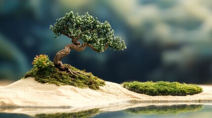 A tiny bonsai tree with a gracefully curved trunk, placed beside a Zen sand garden.