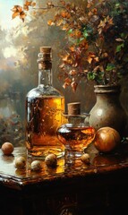 Warm tones of amber liquid and autumn leaves in a rustic setting