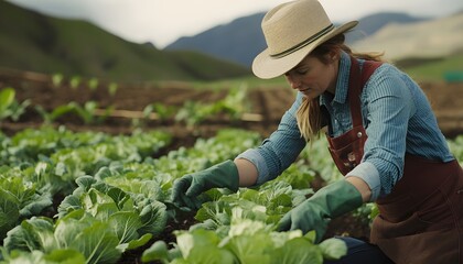 Woman farmer tending to a field of leafy green vegetables