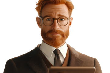 Realistic Financial Trader Using a Digital Tablet Isolated on Transparent Background