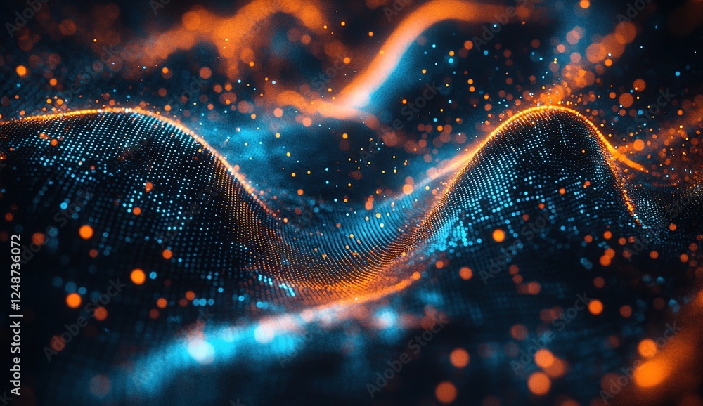 Poster abstract particle waves: dynamic digital art with vibrant colors and glowing effects, showcasing int