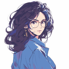 80年代、眼鏡をかけたレトロアニメ風イラスト｜黒髪の美しい少女。日本のアニメをモチーフにした、アイコンにも使える素材。1 into 1 Ratio Size,square size 1:1