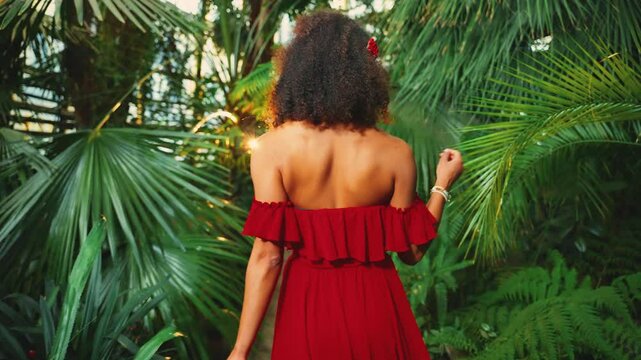 Back rear view happy young African American woman walking in tropical garden green trees hand touching date palm green leaves. Sexy Blak Girl red dress turned away joy enjoy nature eco villa hotel 4k