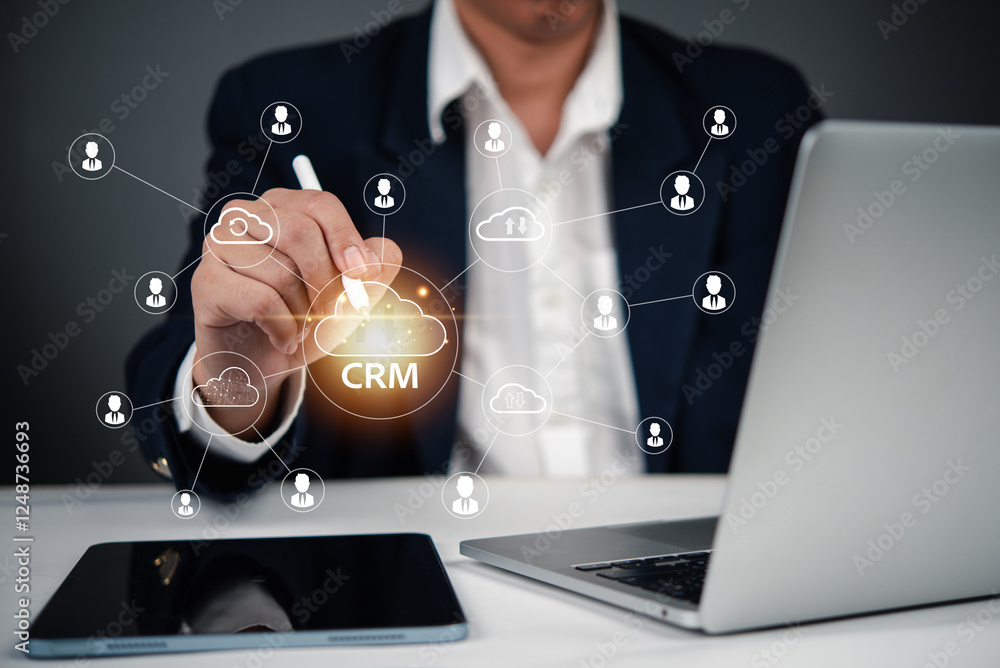 Poster cloud crm network for customer data management, ai-powered business intelligence, digital customer e