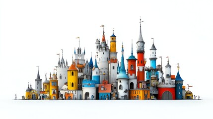 a fantasy castle theme park, towering spires, whimsical architecture, enchanted atmosphere, storybook style, isolated on white background