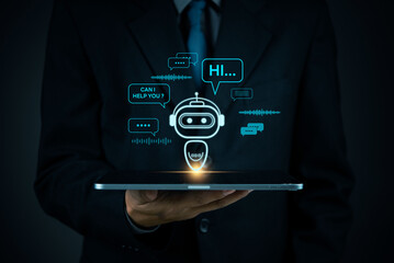 AI chatbot technology, virtual assistant for customer service, futuristic smart automation, AI-powered chatbot on tablet, digital business support, artificial intelligence conversation bot.