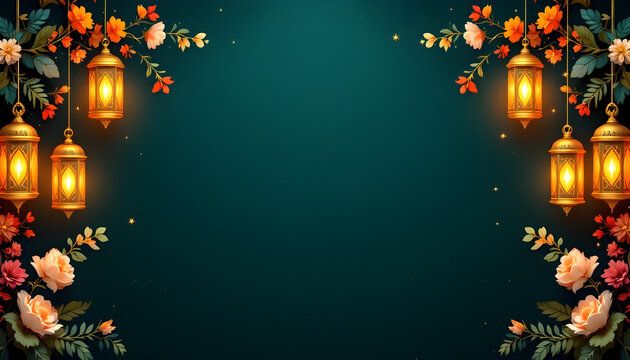 A beautifully designed Ramadan Kareem invitation card with a dark green background, glowing golden lanterns, and symmetrical floral motifs. The central blank space allows for inserting quotes, prayers