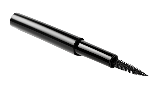 A single tube of liquid eyeliner, isolated on a transparent background, showing its sharp applicator and intense black color.