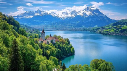 Obraz premium A tranquil shot of the stunning Lake Thun surrounded by lush green forests and the snow-capped peaks of the Swiss Alps.